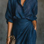 Solid Color Loose-fitting Collared Long-sleeved Shirt and Elegant Pleated Maxi Skirt Set