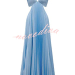 Caught Your Eyes Satin Pleated Cross Straps Cutout Flowing Maxi Dress