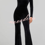 Classic Charm Velvet Jewel Embellished Trim Long Sleeve Flare Jumpsuit