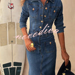 Tessy Denim Metal Button Zipper Shirt Stretch Pencil Slit Midi Dress