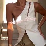 Full of Design Solid Color One Shoulder Asymmetric Slit Button Casual Vest