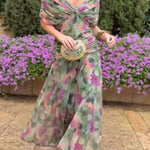 Unique Printed V-Neck Waisted Mesh Holiday Maxi Dress