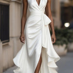 Solid Color Elegant V-neck Waist Irregular Ruffle Maxi Dress