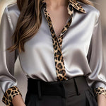 Satin Leopard Print Patchwork Casual Long-sleeved Shirt