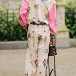 Mystery World Linen Blend Unique Print Loose Blouse and Elastic Waist Pocketed Pants Set