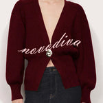 Only Yours Knit Metal Leaf Shape Button Lantern Sleeve Relaxed Cardigan