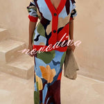 Bright and Bold Satin Abstract Color Blocks Print Elastic Waist Drape Maxi Skirt