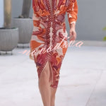 Brazilian Style Unique Print Dolman Long Sleeve Ruched Slit Midi Dress