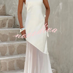 Fable Satin One Shoulder Back Adjustable Straps Contrast Chiffon Hem Maxi Dress