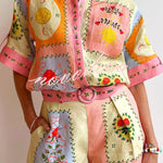 Lily Song Linen Blend Unique Print Short Sleeve Shirt and Belted Pocket Shorts Set