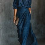 Solid Color Loose-fitting Collared Long-sleeved Shirt and Elegant Pleated Maxi Skirt Set
