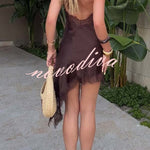 Elouise Satin Lace Trim V-neck Asymmetrical Hem Slip Mini Dress