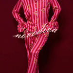 Festive Season Long Candy Stripe Tiered Bell Cuffs Elastic Waist Pocketed Pajama Set