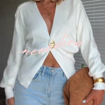 Only Yours Knit Metal Leaf Shape Button Lantern Sleeve Relaxed Cardigan
