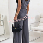 Jordy Ruched Shoulder Slit Top and Elastic Waist Pocketed Wide Leg Pants Set