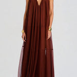 Flowing Lightweight Chiffon Chain Halter Neck Detail Backless A-line Maxi Dress