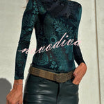 Antarey Velvet Mesh Unique Pattern Long Sleeve Stretch Bodysuit