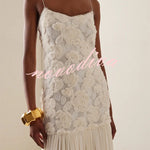 Indulge in Floral Applique Pleated Chiffon Hem Slip Maxi Dress