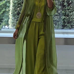 Solid Color Long Cardigan + Round Neck Casual Top and Elastic Waist Wide Leg Pants Three-piece Set