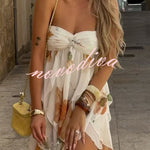 Arabella Floral Print Starfish Brooch Inverted Halter Neck Slit Ruffles Mini Dress