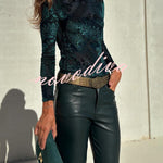 Antarey Velvet Mesh Unique Pattern Long Sleeve Stretch Bodysuit