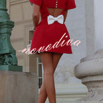 Sweet Moment Slit Short Sleeve Backless Removable Satin Bow Mini Dress