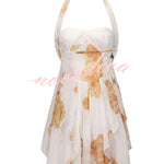 Arabella Floral Print Starfish Brooch Inverted Halter Neck Slit Ruffles Mini Dress