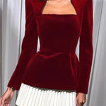 Netta Velvet Square Neck Long Sleeve Back Pearl Detail Pleated Mini Dress