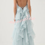 Free - Flowing Rose Detail Tiered Ruffles Halter A-line Maxi Dress