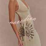 Sparkling Nights Knit Sunburst Sequin Detail Back Cross Straps Stretch Maxi Dress