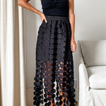 Casie See Through Circle Embroidery Elastic Waist Tassle Hem Maxi Skirt