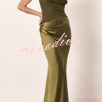 Kaia Satin Contrast Fabric Patchwork One Shoulder Ruched Maxi Dress