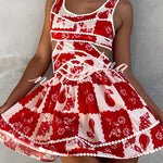 Holiday Colors Ric Rac Trims Unique Print Cutout Round Neck Mini Dress
