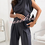 Jordy Ruched Shoulder Slit Top and Elastic Waist Pocketed Wide Leg Pants Set