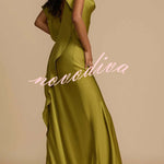 Evening Date Satin Cowl Neck Drape Ruffle Backless Bias Cut Party Maxi Dress