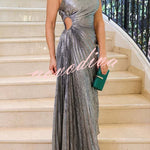 Midnight Kiss Metallic Fabric One Shoulder Cutout Pleated Maxi Dress