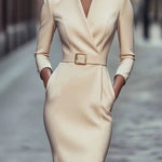Solid Color V-Neck Long Sleeve Pocket Slim Waist Midi Dress