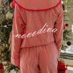 Nutcracker Charm Embroidered Gingham Loose Shirt and Elastic Waist Pajama Set