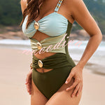 Fashionable Color-blocked Metal Button Stretch One-piece Swimsuit