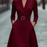 Solid Color V-neck Fitted Waist Long Sleeve Elegant Midi Dress