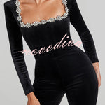 Classic Charm Velvet Jewel Embellished Trim Long Sleeve Flare Jumpsuit
