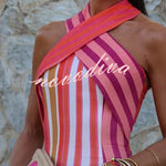 Sunset Breeze Linen Blend Colorful Stripes Cross Halter Flare Maxi Dress
