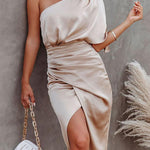 Glam Expectations One Shoulder Satin Drape Dress