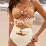 Fashionable Color-blocked Metal Button Stretch One-piece Swimsuit