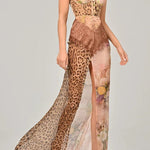 Chiffon Leopard Print Sexy Lace Splicing High Slit Slim Maxi Dress