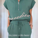 Buttery Touch Half-Zip Short Sleeve Sweatshirt and Elastic Waist Pocket Casual Shorts Set