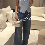Fashion Star Rhinestone High Rise Casual Pocket Straight Loose Jeans