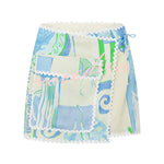 Pierre Linen Blend Ric Rac Trims Unique Print Short Sleeve Shirt and Wrap Tie-up Mini Skirt Set