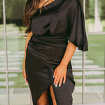 Glam Expectations One Shoulder Satin Drape Dress