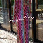 Eleanor Knit Colorful Wave Unique Print Shirt U-neck Long Sleeve Slit Maxi Dress
